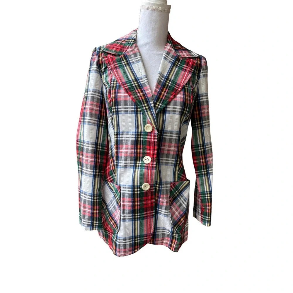 Vintage Pins & Needles Plaid Blazer Women's XS Tartan Preppy Tailored Jacket 70s
